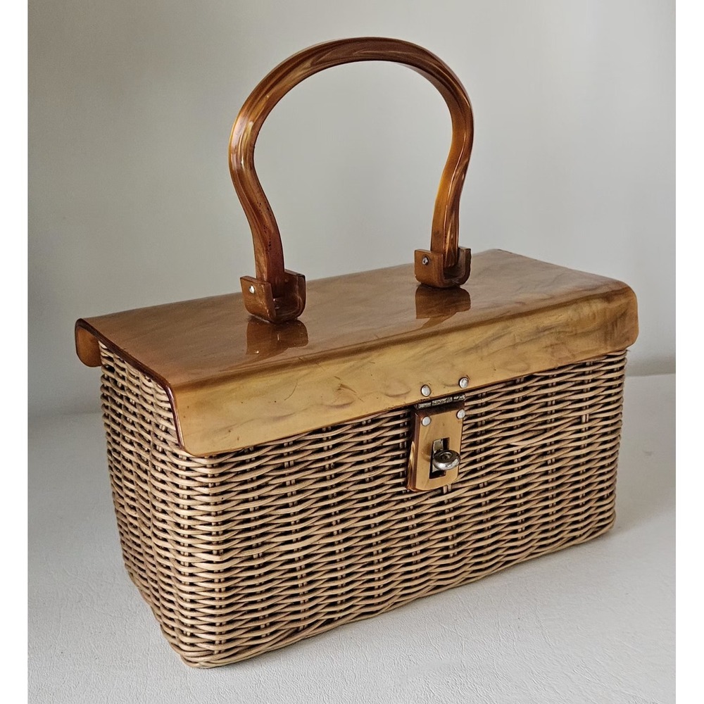 Vintage Plastic Wicker Gold Marbled Swirl Box Purse